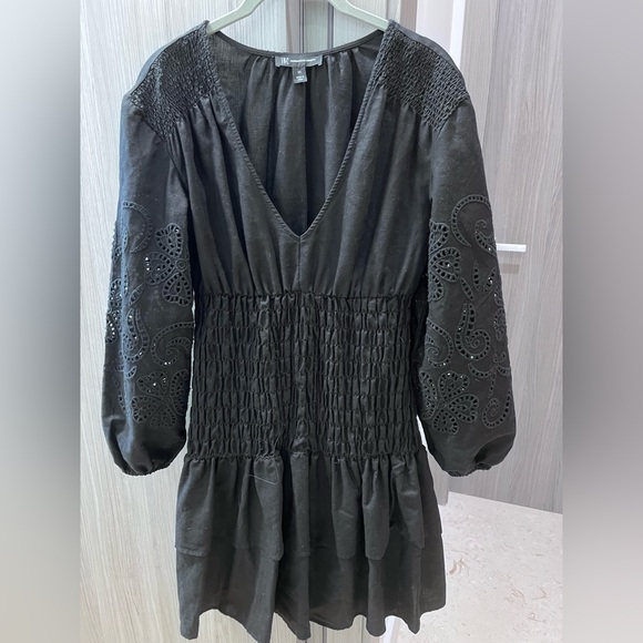 NEW! cotton linen smocked mini dress embroidered cut out arms XS - Picture 2 of 12